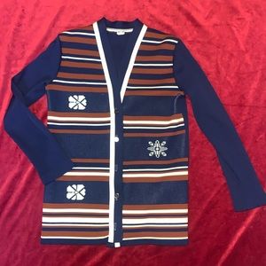 Vintage 70s Ribbed Navy/Brown Striped Snowflake Print Women’s Cardigan Sz Small